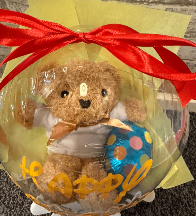 Personalised Easter balloon filled with a teddy and Easter egg