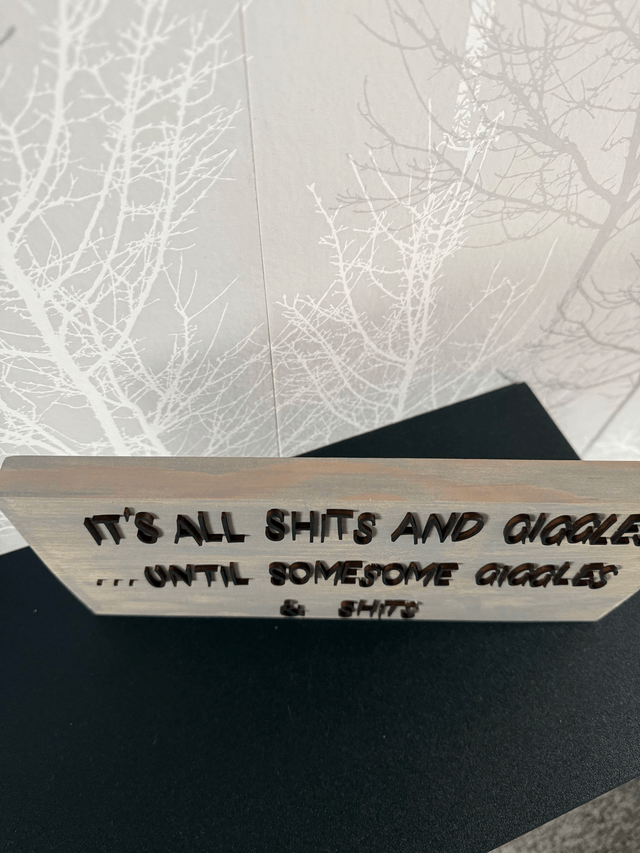 Handmade sign ‘it’s all shits and giggles until someone giggles and shits’ freestanding sign