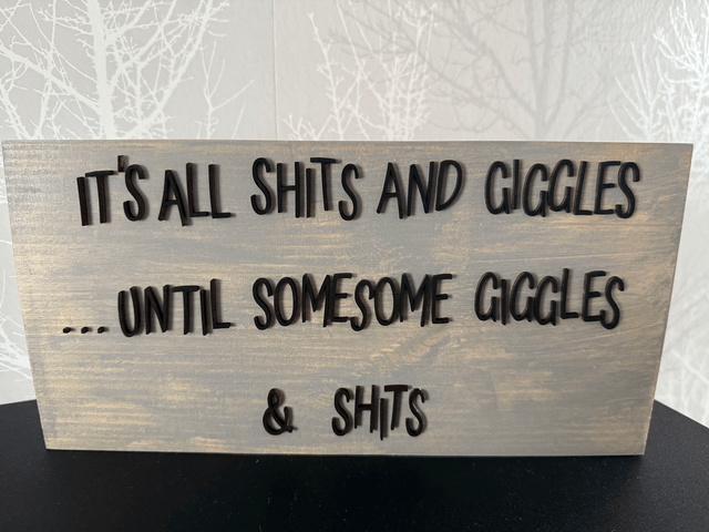 Handmade sign ‘it’s all shits and giggles until someone giggles and shits’ freestanding sign