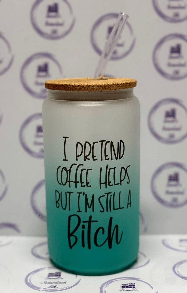 I pretend coffee helps 16oz glass can with bamboo lid and glass straw