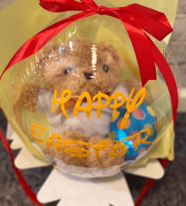 Personalised Easter balloon filled with a teddy and Easter egg