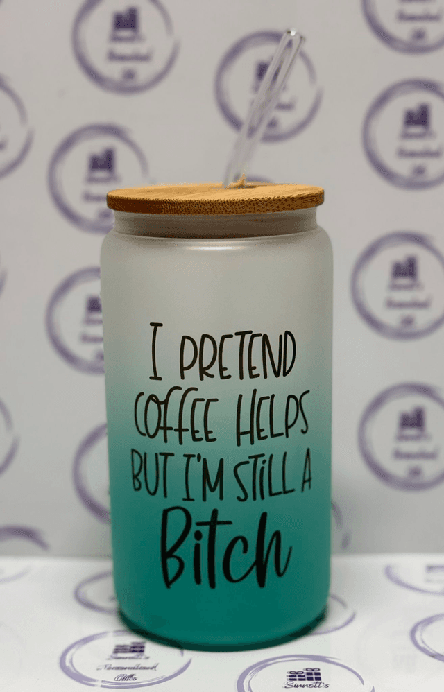 I pretend coffee helps 16oz glass can with bamboo lid and glass straw